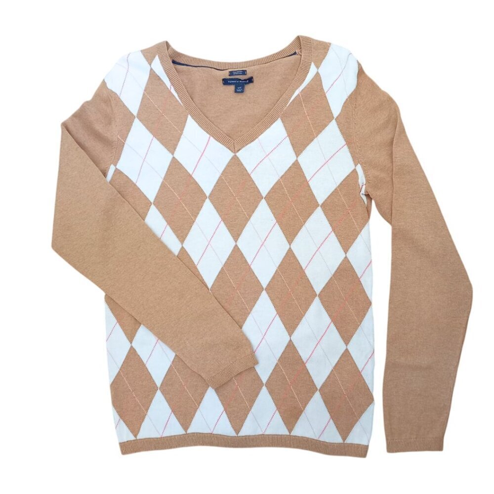 Tommy Hilfiger Women’s Argyle V-Neck Sweater – Pima Cotton, Size L